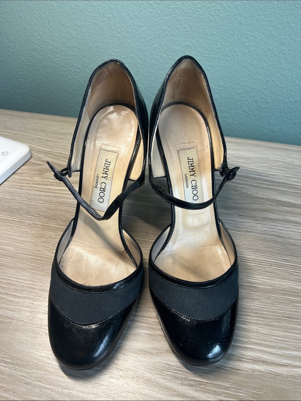 Jimmy Choo Black Patent & Canvas Mary Jane Pumps